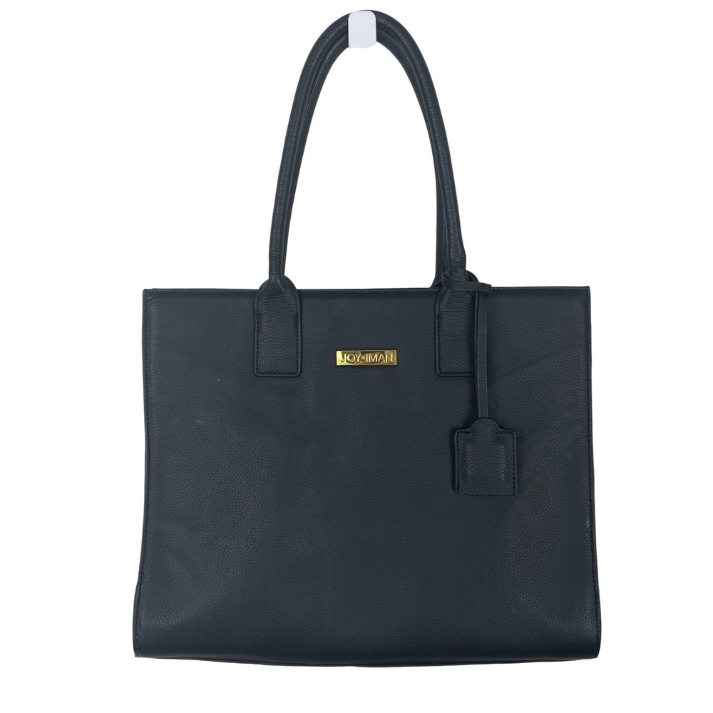JOY & IMAN Black Textured Leather Tote Bag with Gold Accents and Charm Watch‎